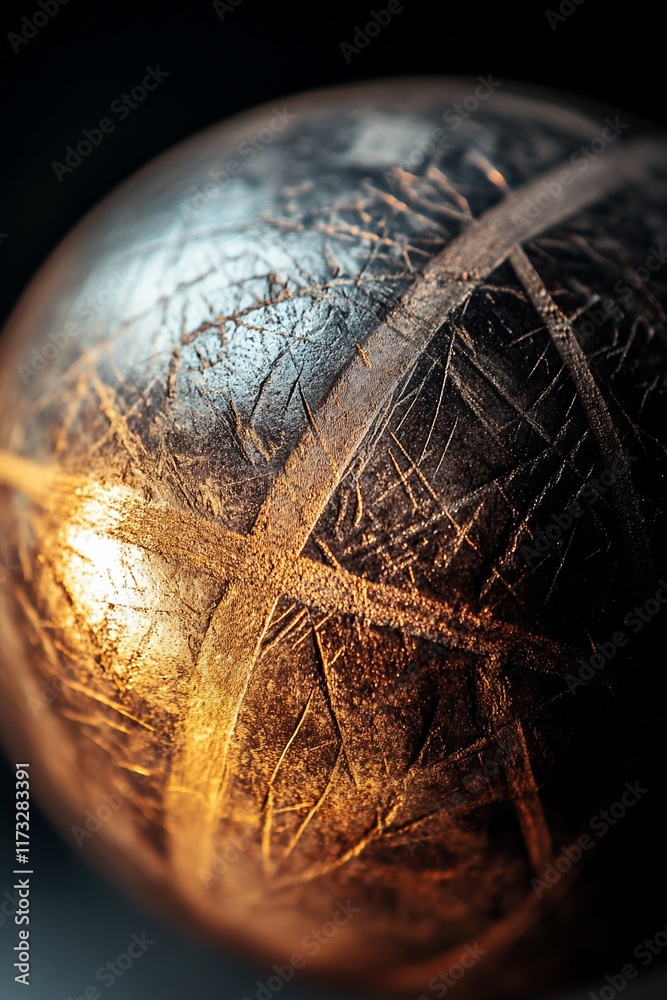 Poster close-up of a weathered, metallic sphere with etched lines, illuminated from below, showcasing textu