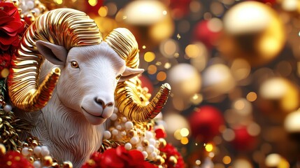 Festive ram sculpture with golden accents holiday decor close-up view