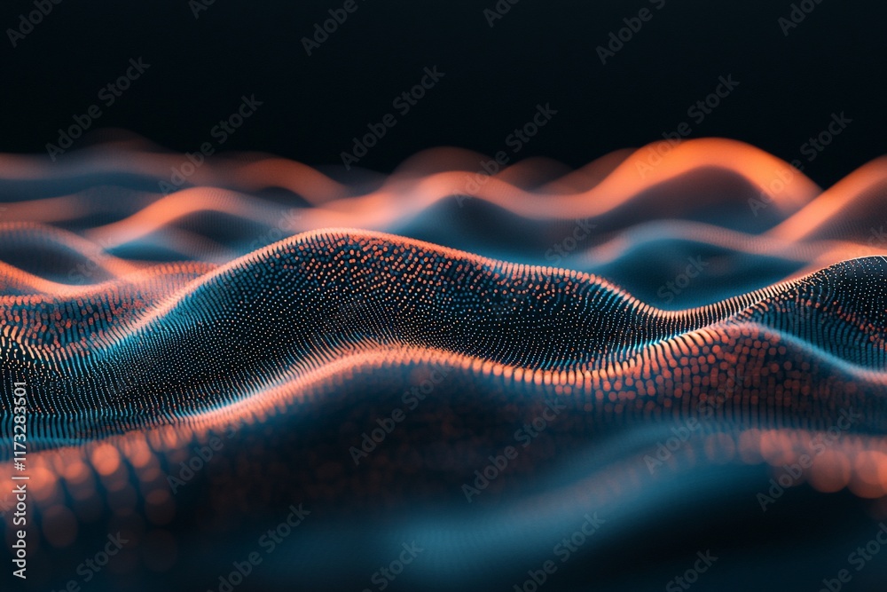 Aufkleber Abstract digital wave background with glowing orange and blue particles.