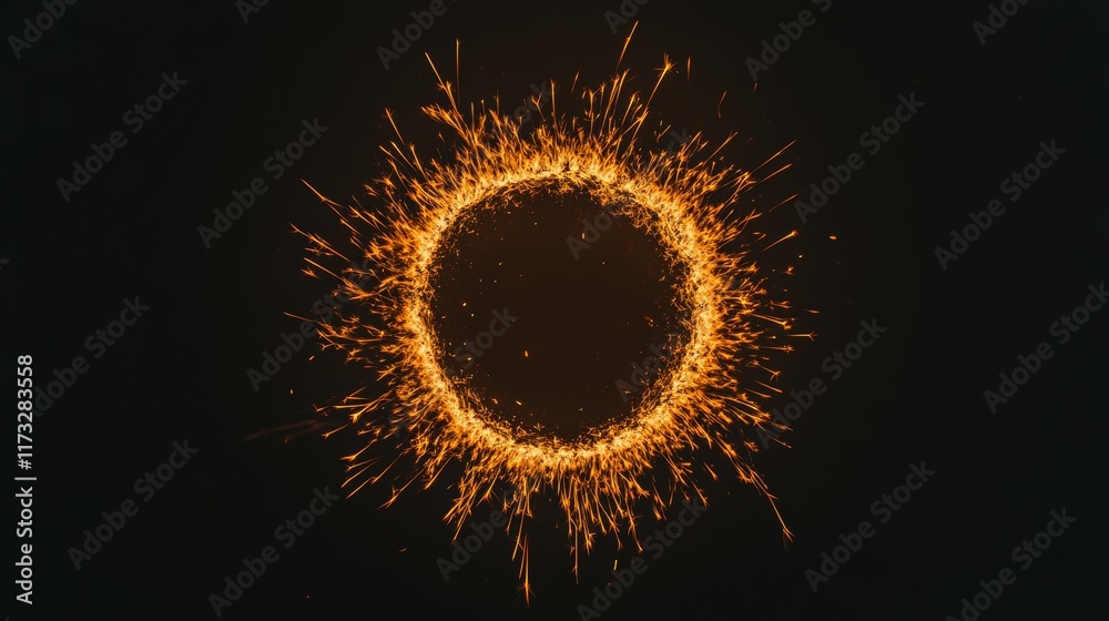 Poster bright sparks forming a fiery circle on a dark background, creating a dramatic and vibrant visual ef