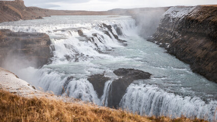 Gullfoss in October's scenery. Iceland's Most Popular Waterfall