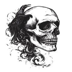 Skull with raven perched on top.
