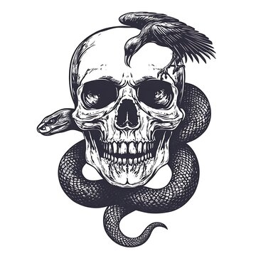 Skull with snake and raven. (1)