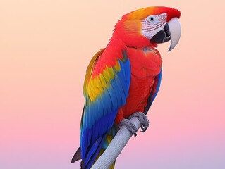 Fototapeta premium A vibrant macaw parrot showcases its stunning array of colors as it perches gracefully on a branch, set against a gentle pastel background during the enchanting twilight hours