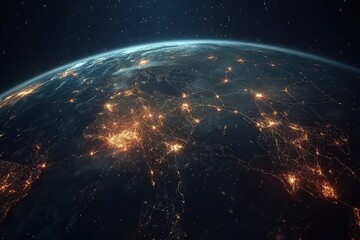 Obraz premium Business connectivity illuminated in a night sky over europe aerial view of urban networks digital universe concept