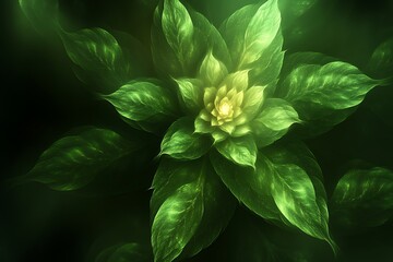 Glowing green fractal flower in dark background.