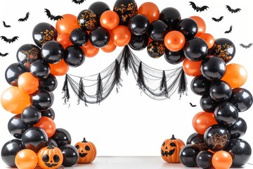 Black and orange balloons with spiderweb and bats. AI generative. .