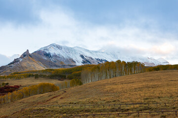 Fototapeta premium Landscape with fenced land and forests of yellowing mixed trees at the foot of snow peaked mountains during hazy fall morning in Colorado, USA