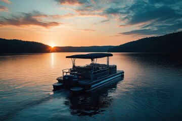 Sunset views over tranquil water with a boat drifting peacefully
