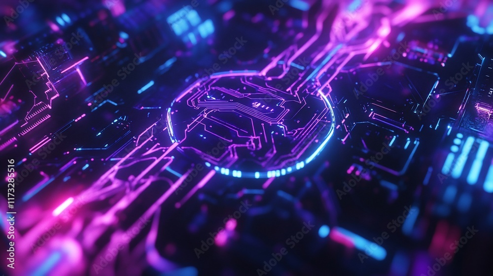 Poster abstract glowing circuit board with neon lights.