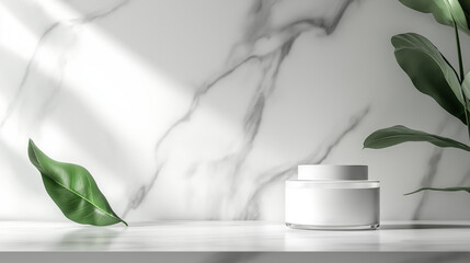 Minimalist white cream jar on a marble surface with lush green leaves, emphasizing sophistication and natural elegance for skincare branding