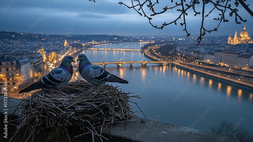 Poster two pigeons nestled in a nest overlooking a cityscape at dawn.