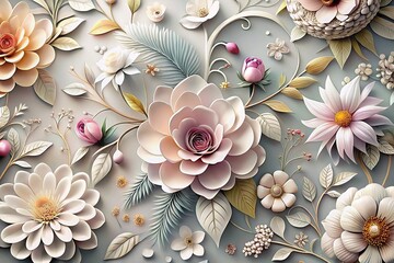 3D Floral Mural Wallpaper Light Gray Background