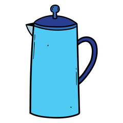 Hand drawn cartoon blue tea kettle on white background.