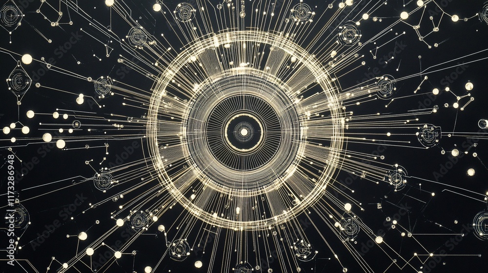 Poster Abstract gold and black circular design with radiating lines and glowing particles.