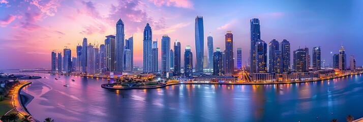 Naklejka premium A stunning panoramic view of Dubai's skyline at sunset, with skyscrapers reflecting in the water. AI generative. .