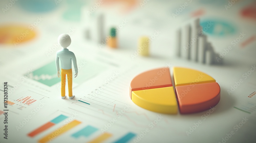 Poster Miniature figure standing amidst colorful charts and graphs, symbolizing data analysis and business strategy.