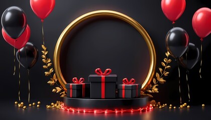 Black Friday sale with black podium and realistic gift box element and balloons and red circle frame and neon light effect and bokeh and gold ribbons on black background