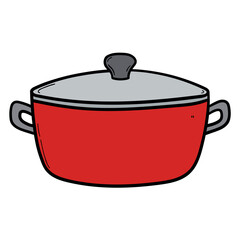 Hand drawn cartoon red saucepan on white background.