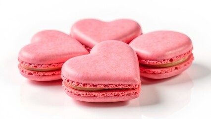Fototapeta premium Sweet pink heart shaped macarons on white background