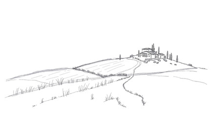 Obraz premium Tuscan panorama, beautiful pencil illustration of iconic and romantic landscape, copy-space