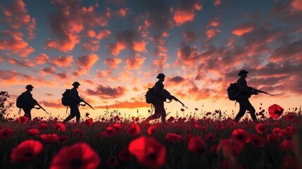 Silhouette of soldiers in red poppy flowers and dramatic sky background.