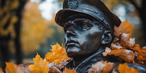 Close-up of a bronze statue of a man in a military uniform with fallen autumn leaves in the foreground.