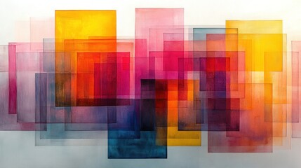 Abstract watercolor painting with overlapping translucent rectangles in warm and cool colors.