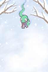 雪の中を歩くマフラーをした緑色のヘビ