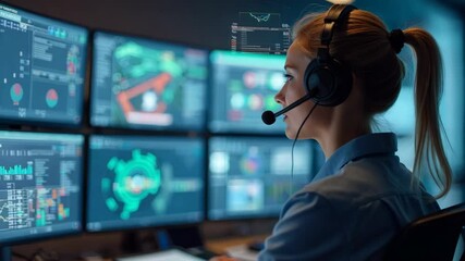 Professional Woman Monitors Multiple Screens While Providing Technical Support in a Control Room During Evening - Powered by Adobe
