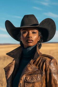black fashion model as cowgirl wearing stetson hat and leather western jacket with prairie vista americana in background