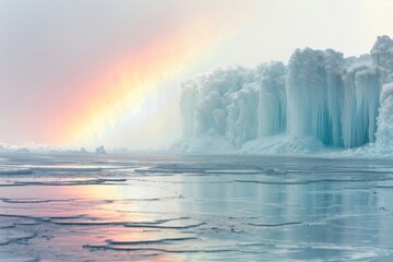 Ice formations rise from a frozen lake at sunset with a pink and yellow sky. AI generative. .