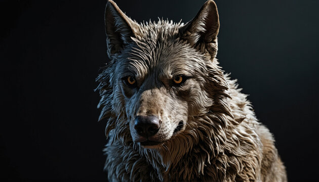Wolf standing in shadow with detailed fur texture, showcasing strength and wildness in a dark setting