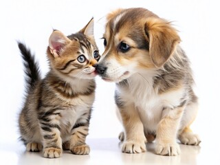 Obraz premium Hilarious Kitten Sniffing Puppy: Funny Pet Photo, White Background