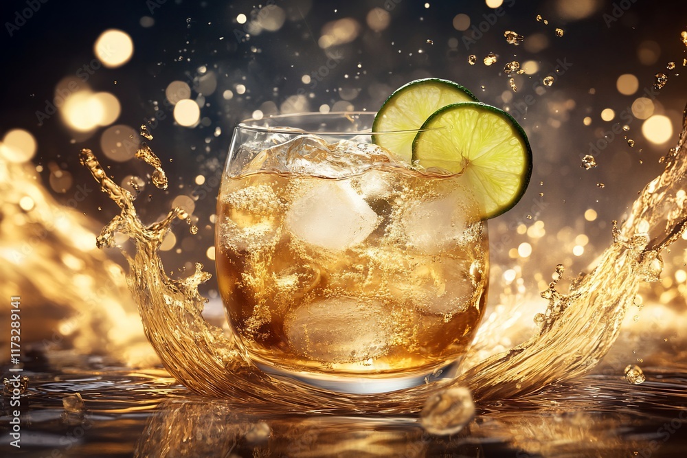 Poster refreshing iced drink with lime in glass, splashing liquid.