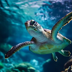 Obraz premium Aquatic animals like fish and sea turtles exercise by swimming in spacious environments.