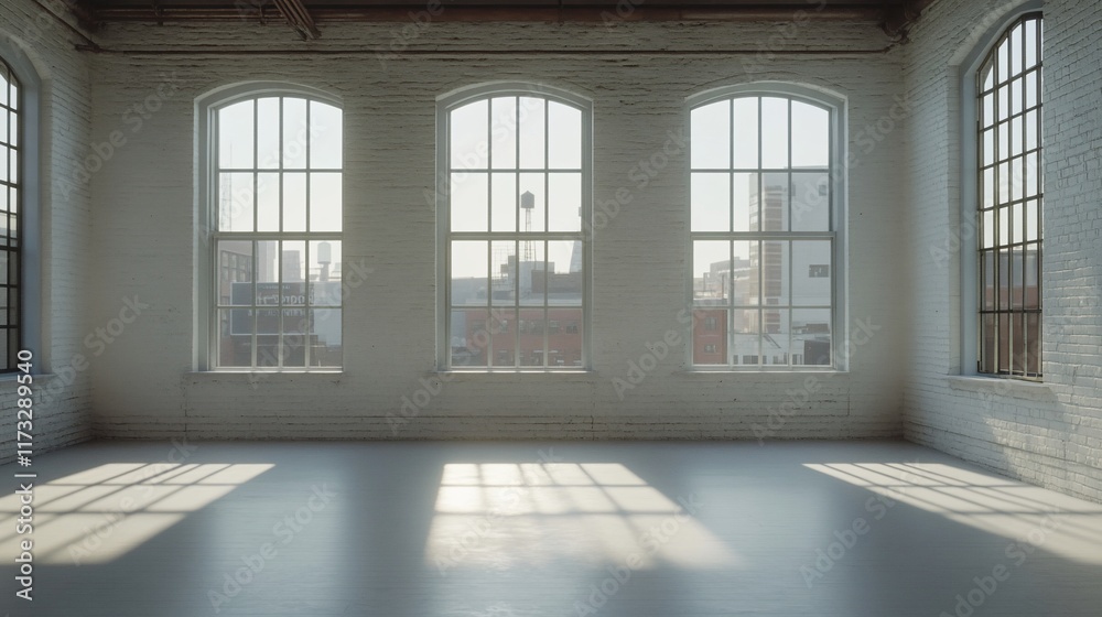 Poster sunlit empty loft interior with large windows offering a city view.