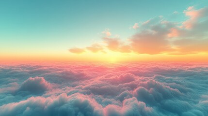 Vibrant soft gradients blend in a breathtaking sky above the clouds at sunset, showcasing shades of teal, pink, and orange as day transitions to night