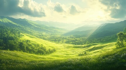 Obraz premium Soft glowing light cascades over gently rolling green hills at dawn, illuminating the lush landscape and creating a serene atmosphere in the countryside