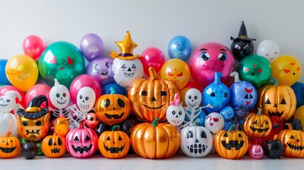 A colorful collection of Halloween-themed balloons, including pumpkins, ghosts, and skeletons. AI generative. .