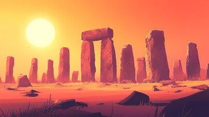 Sunrise at stonehenge on summer solstice, showcasing alignment of ancient stones with the sun , stonehenge. Stonehenge. Illustration