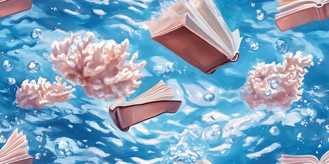 Books float underwater among vibrant coral.  A surreal, dreamy image perfect for fantasy, education, or ocean themes.