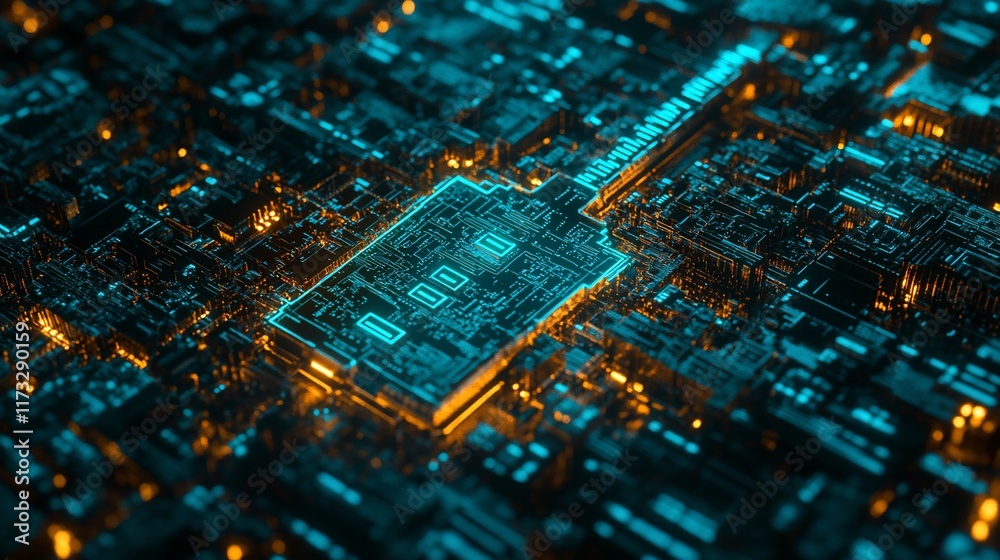 Poster Close-up of a glowing circuit board with intricate details, highlighting technological complexity.