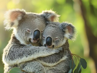 Obraz premium Koalas hugging on a eucalyptus branch in a lush green setting during daylight hours, showcasing their affectionate behavior and bond with each other
