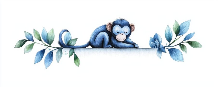 A cute, whimsical blue monkey rests among vibrant green leaves, showcasing a playful yet serene atmosphere.