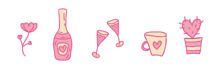 Valentine's Day doodle elements collection with champagne glasses and vine bottle. Hand drawn isolated doodle vector illustration for decor and design.