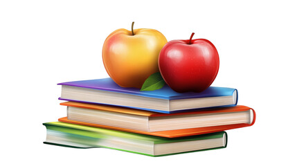 stack colorful books with red apple isolated on white transparent background