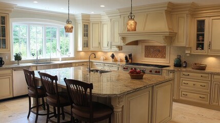 Fototapeta premium Elegant kitchen with a spacious island, modern appliances, and warm lighting.