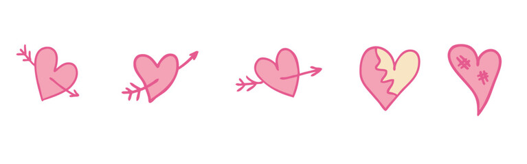 Valentine's Day elements collection with arrow pierced broken hearts. Perfect for sticker, card, label, sale. Hand drawn doodle vector illustration.