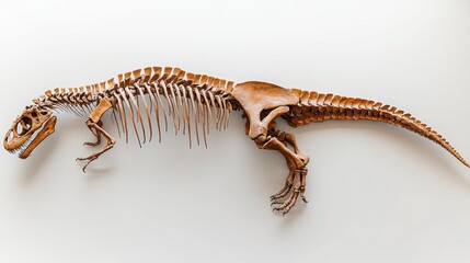 Obraz premium Complete dinosaur skeleton fossil on white background.